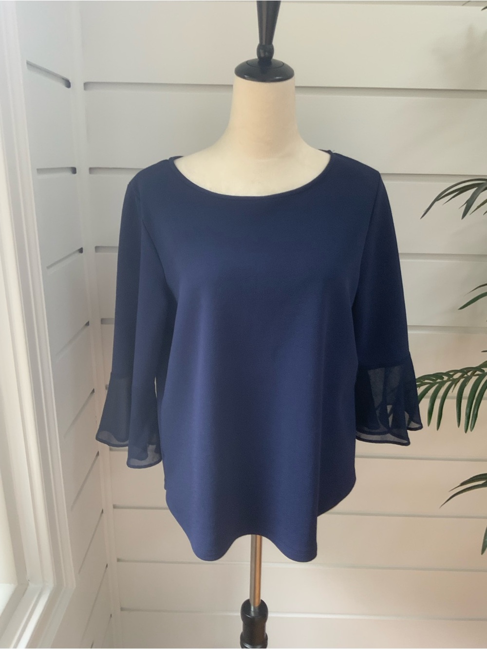 Ann Taylor Factory Navy Ruffle Bell Sleeve Blouse Size L